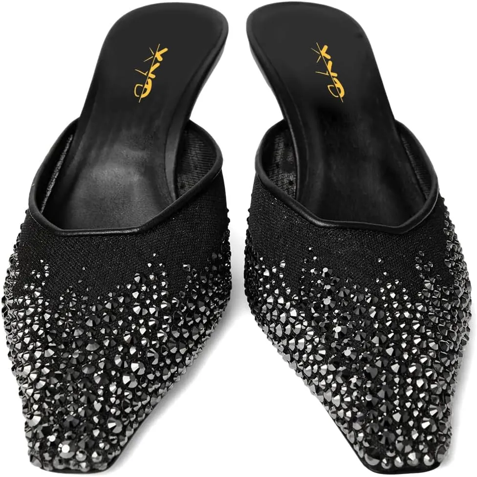 XYD Women Sparkle Crystal Studs Mules Mesh Square Toe Kitten Heels Backless Pumps Evening Dating Shoes
