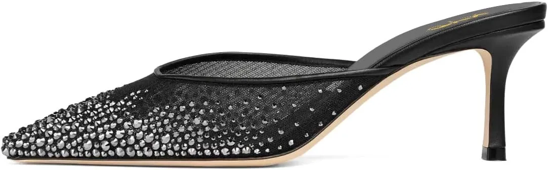 XYD Women Sparkle Crystal Studs Mules Mesh Square Toe Kitten Heels Backless Pumps Evening Dating Shoes