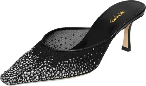 XYD Women Sparkle Crystal Studs Mules Mesh Square Toe Kitten Heels Backless Pumps Evening Dating Shoes