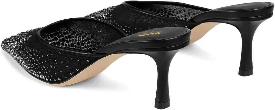 XYD Women Sparkle Crystal Studs Mules Mesh Square Toe Kitten Heels Backless Pumps Evening Dating Shoes