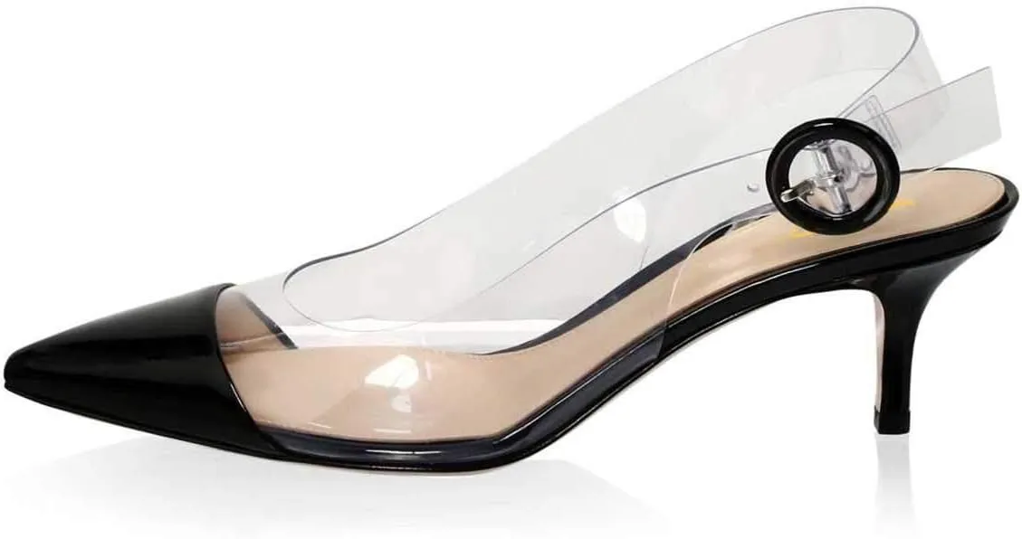 XYD Women Transparent Slingback Mid Kitten Heels Pumps Pointed Toe PVC Dress Sandals Clear Shoes with Buckle