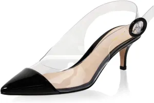 XYD Women Transparent Slingback Mid Kitten Heels Pumps Pointed Toe PVC Dress Sandals Clear Shoes with Buckle