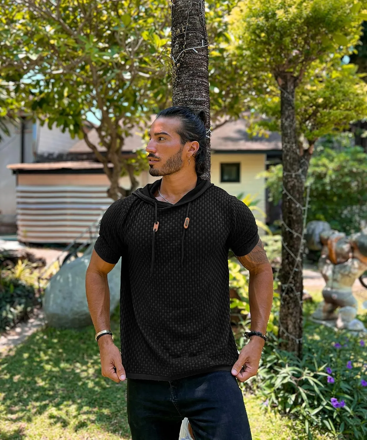 Zaitun Men's Short Sleeve Hoodie Shirt Casual Waffle Knitted Pullover Sweater