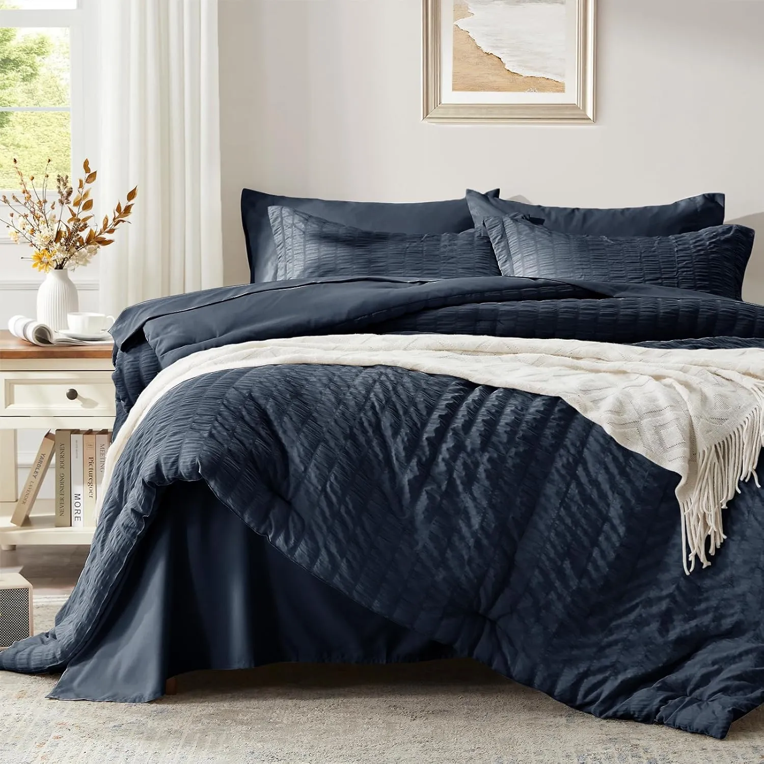 Zzlpp Queen Comforter Set 7 Pieces, Navy Blue Seersucker Bed in a Bag with Comforter, Pillow Shams, Pillowcases, Flat Sheet, Fitted Sheet