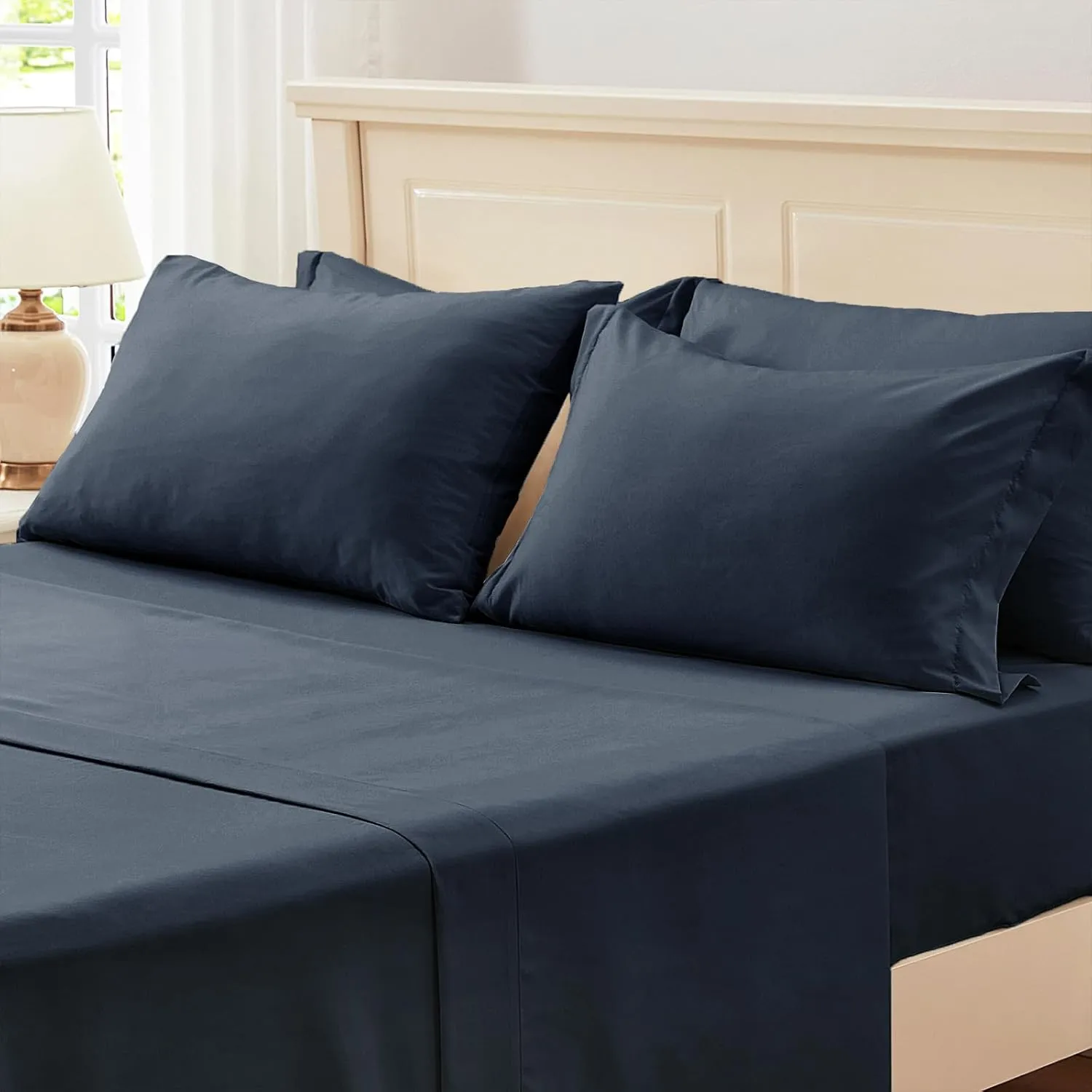 Zzlpp Queen Comforter Set 7 Pieces, Navy Blue Seersucker Bed in a Bag with Comforter, Pillow Shams, Pillowcases, Flat Sheet, Fitted Sheet