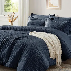 Zzlpp Queen Comforter Set 7 Pieces, Navy Blue Seersucker Bed in a Bag with Comforter, Pillow Shams, Pillowcases, Flat Sheet, Fitted Sheet