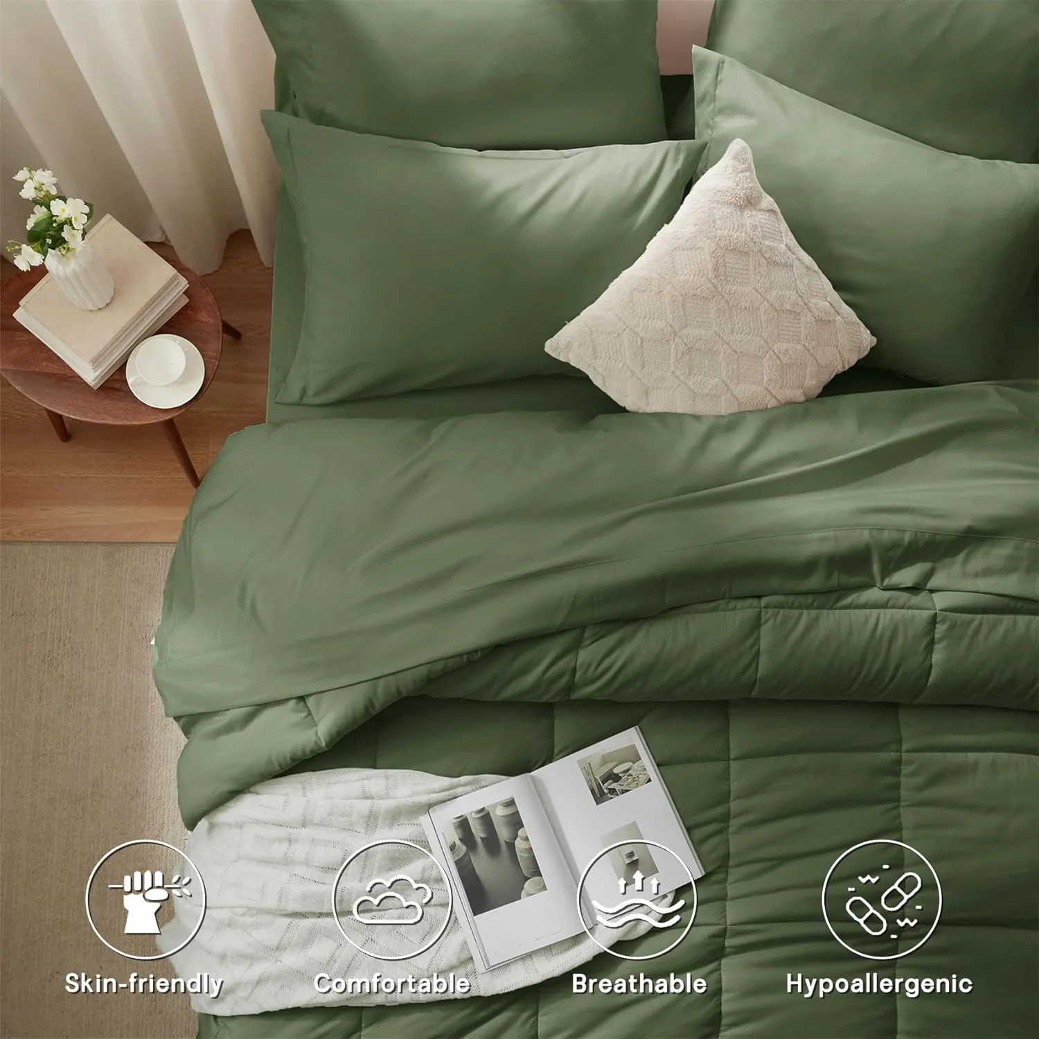 Zzlpp Twin Comforter Set 5 Piece, Olive Green Bed in a Bag with Comforters, Pillow Shams, Pillowcases, Flat Sheet, Fitted Sheet with Side Pocket