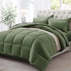Zzlpp Twin Comforter Set 5 Piece, Olive Green Bed in a Bag with Comforters, Pillow Shams, Pillowcases, Flat Sheet, Fitted Sheet with Side Pocket