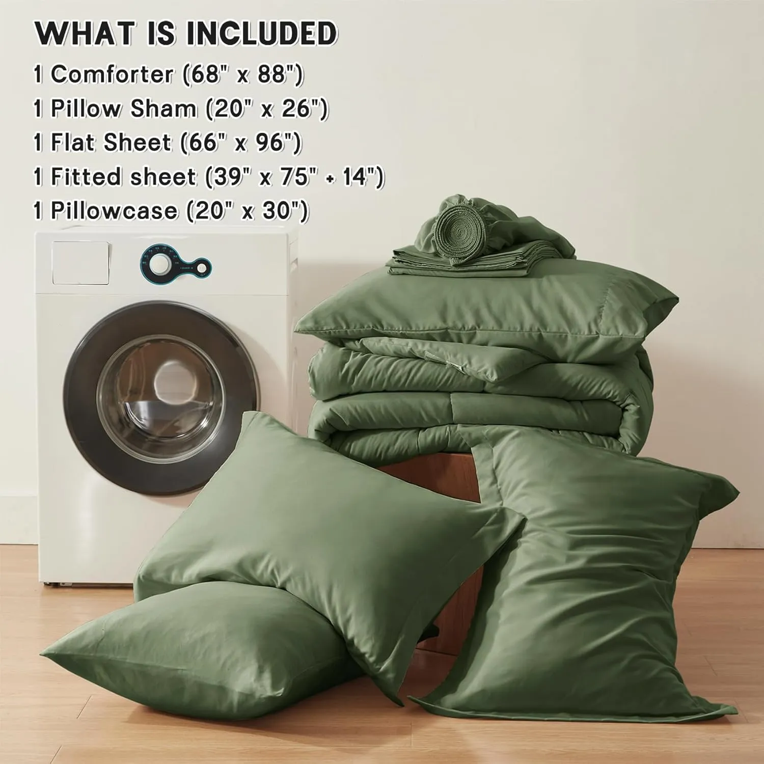 Zzlpp Twin Comforter Set 5 Piece, Olive Green Bed in a Bag with Comforters, Pillow Shams, Pillowcases, Flat Sheet, Fitted Sheet with Side Pocket
