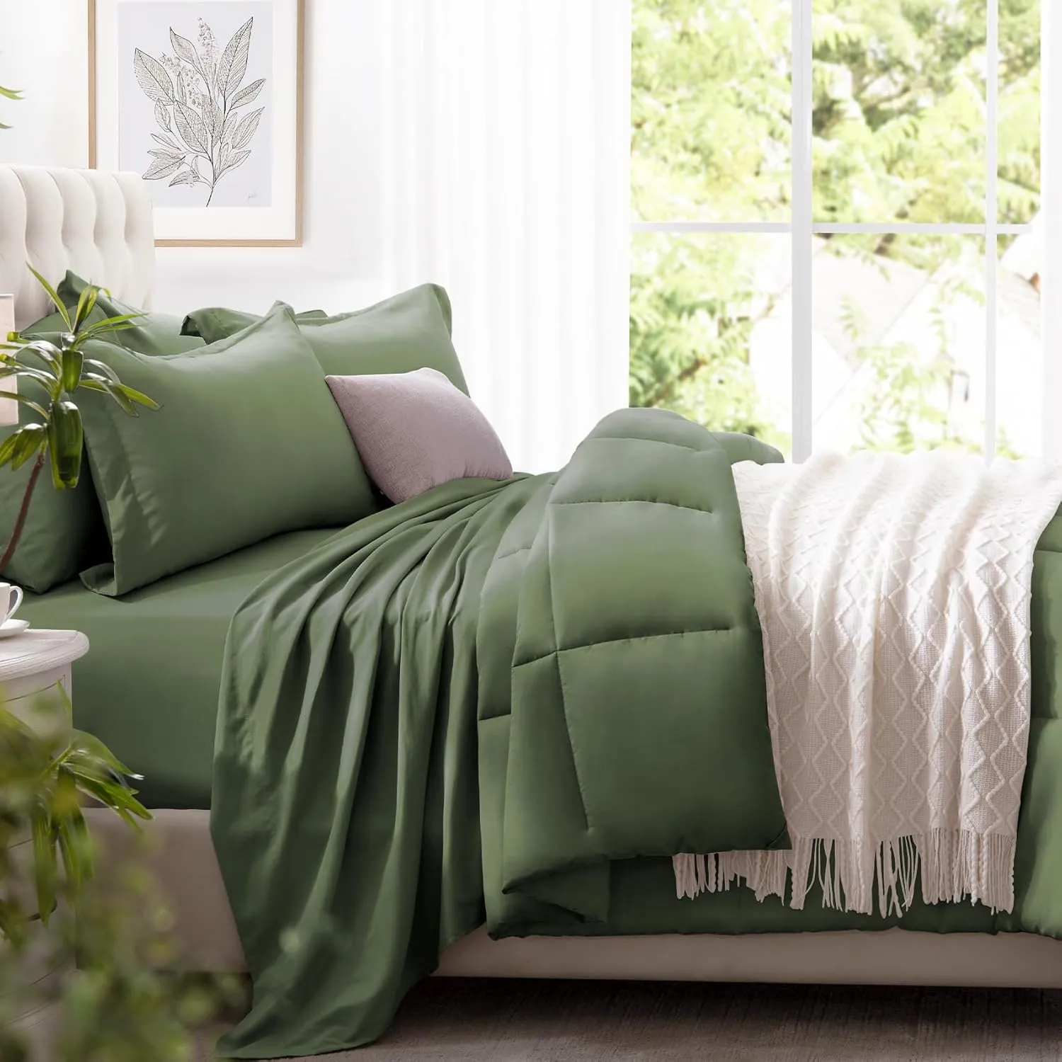 Zzlpp Twin Comforter Set 5 Piece, Olive Green Bed in a Bag with Comforters, Pillow Shams, Pillowcases, Flat Sheet, Fitted Sheet with Side Pocket